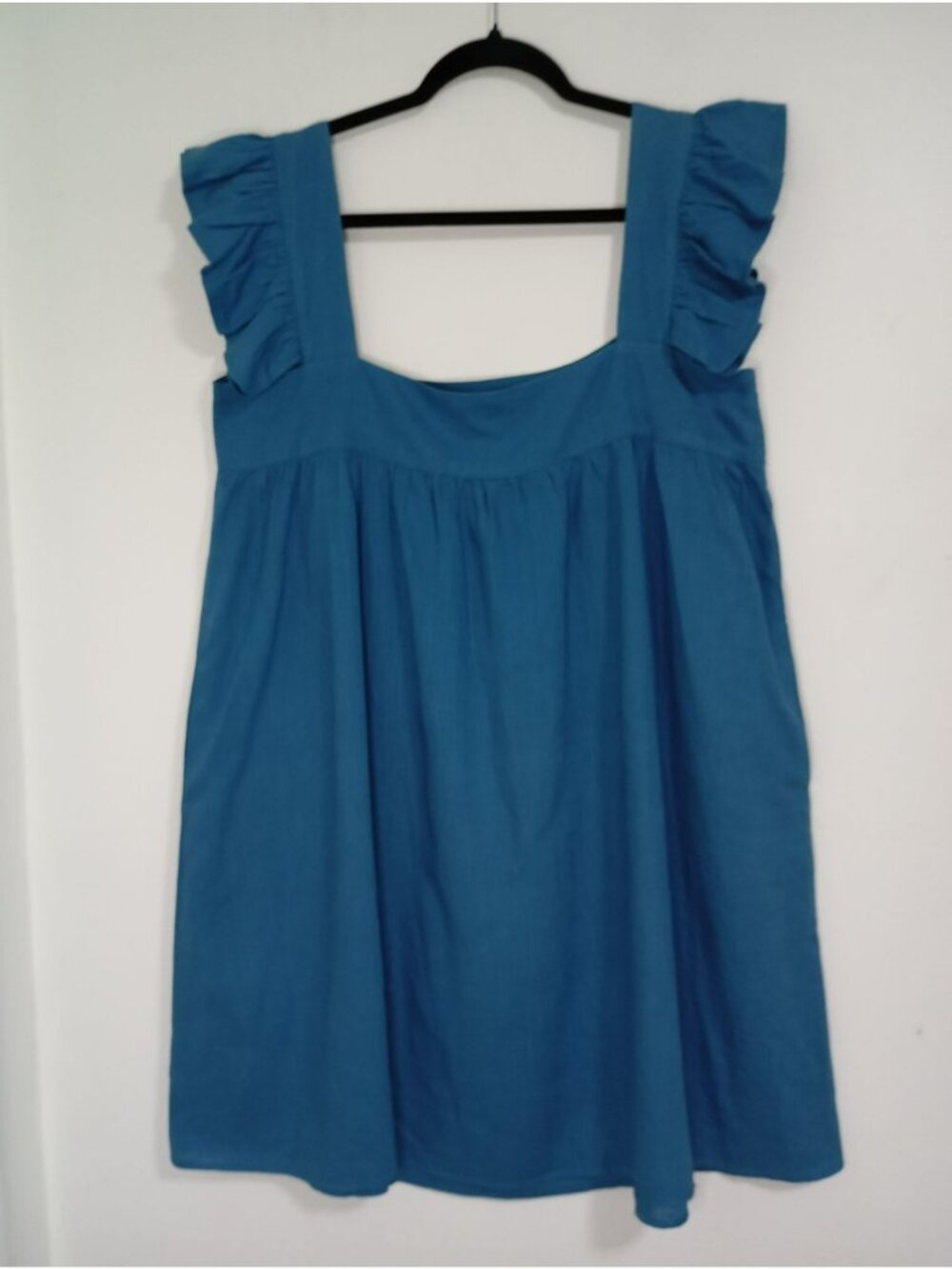 O.P.T Dress Sleeveless Ruffle Strap Side Zipper Size L Cotton-Linen Blend Blue